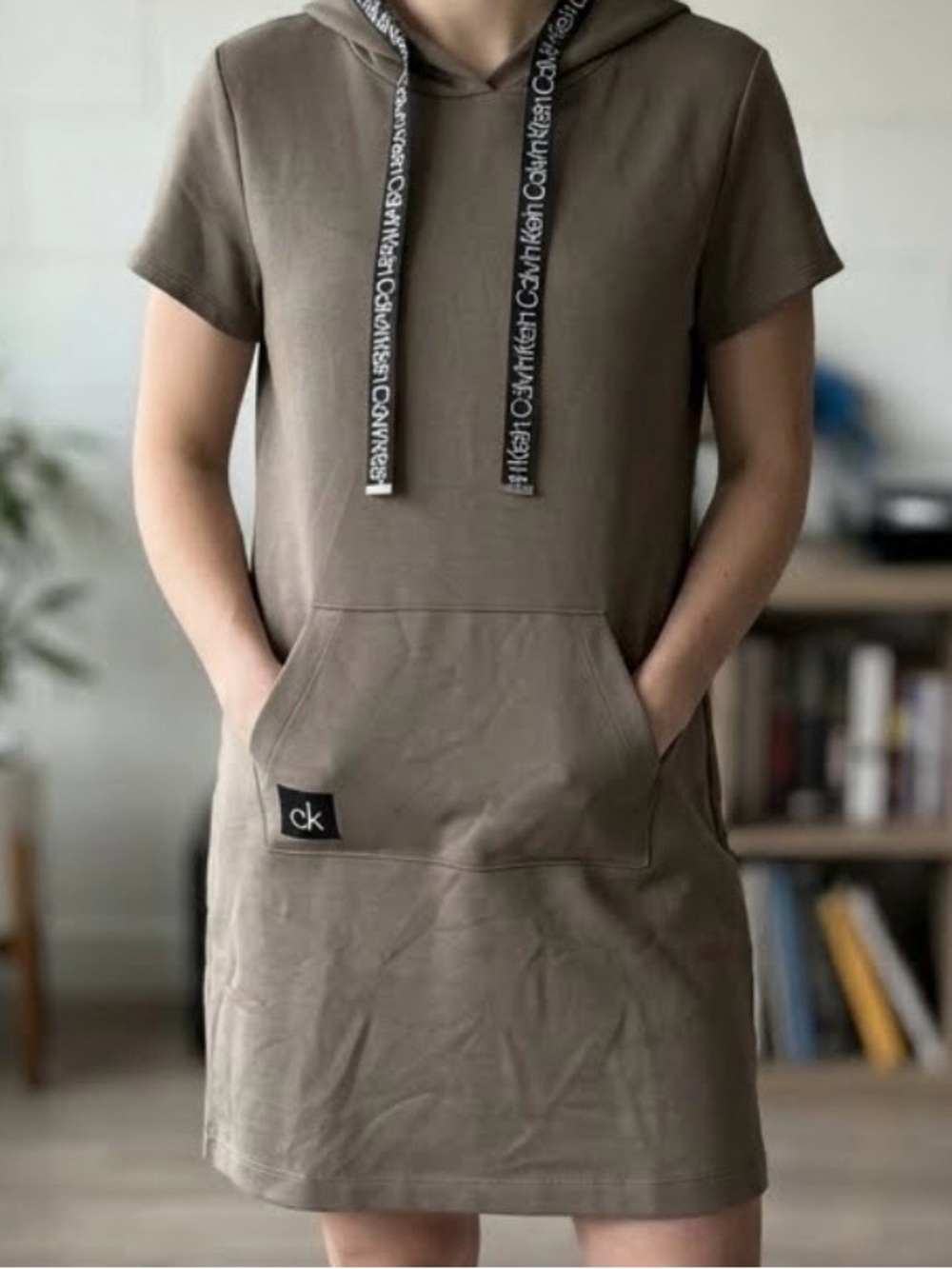 Calvin Klein Olive Hooded Tee Dress with CK Logo Drawstrings Small